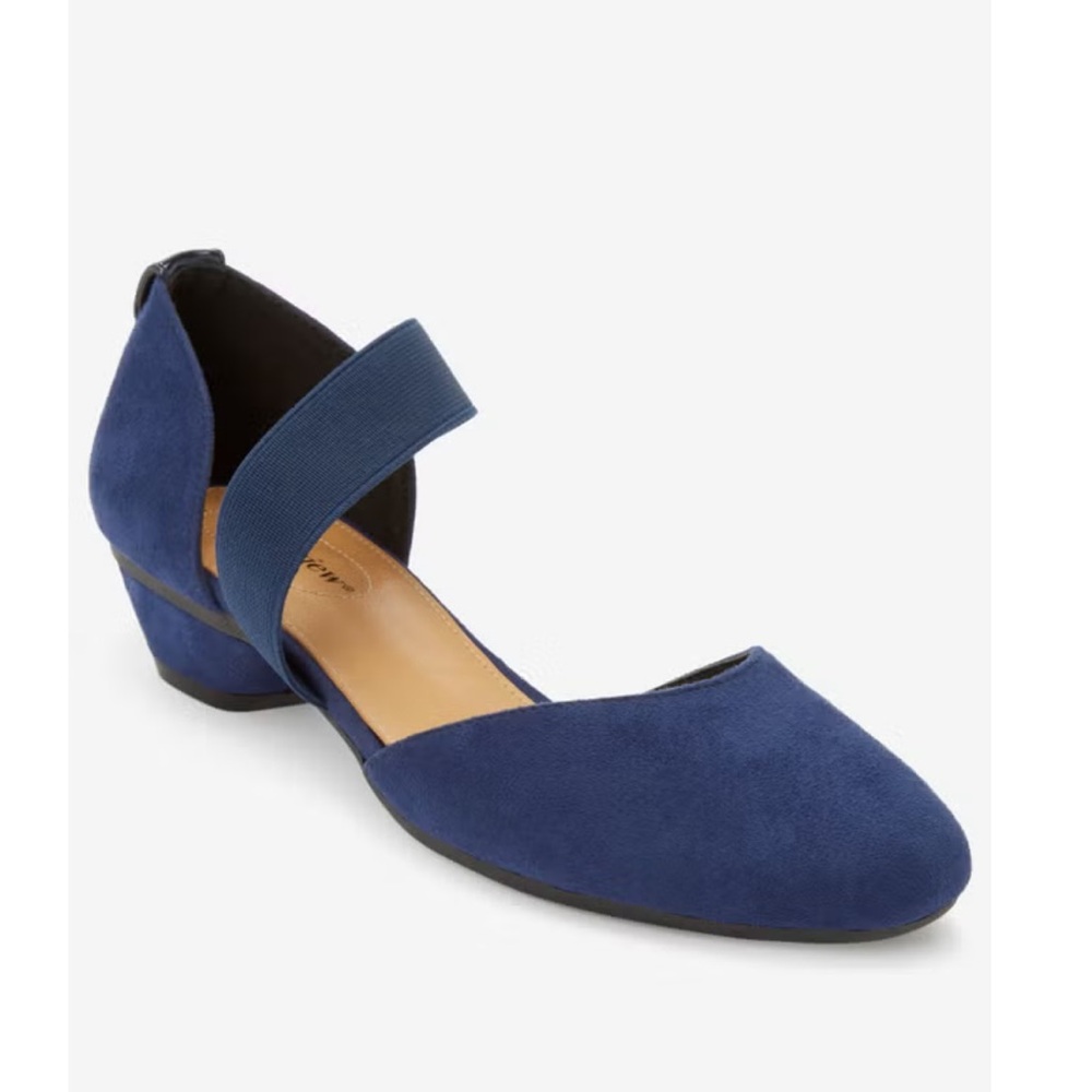 Comfortview Blue suede 1 1/4” Heel with  asymmetric strap & padded inner sole.